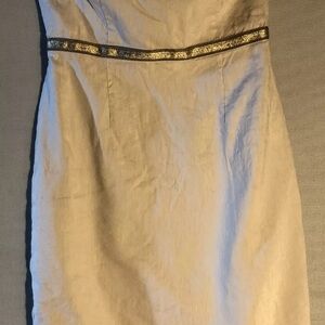 Lela Rose for Loft Women’s sz 2 Beige Linen Strapless Mini Dress Gold Ribbon